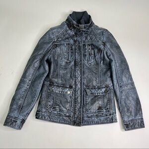 POINT ZERO Blue Acid Washed Vegan Leather Quilted Moto Style Collar Jacket Coat